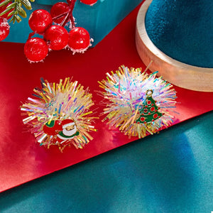 Festive tinsel ball earrings with Santa and Christmas tree charms.