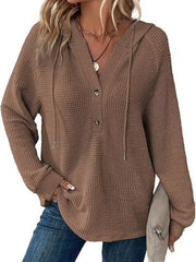 Full Size Waffle Knit Half-button Hoodie Plus Size in Black, alternate angle