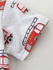 Light grey t-shirt with all-over red fire truck print and short sleeves.