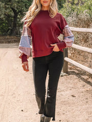 Plaid Colorblock Patchwork Sleeve Sweatshirt in Burgundy, fabric detail