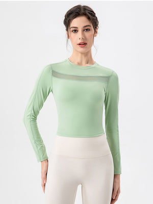 Light Green long sleeve crop top with mesh panel detail and crew neck.