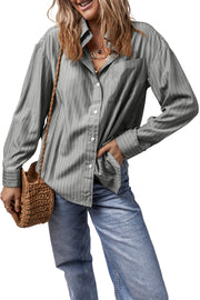 Oversized gray striped Oxford shirt with button front and chest pocket.