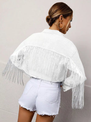 White denim cropped trucker jacket with fringe detail and buttoned front.