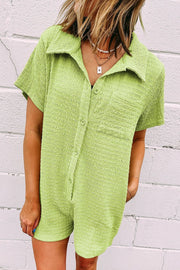 Lime textured collared romper with short sleeves and patch pocket.