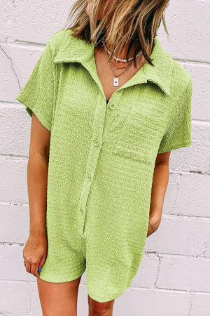 Lime textured collared romper with short sleeves and patch pocket.