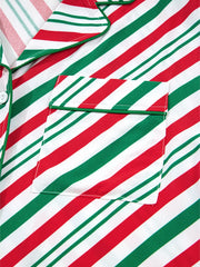Velvet Ribbon Knot Pajama Set in stripe pattern with buttoned top and chest pocket.