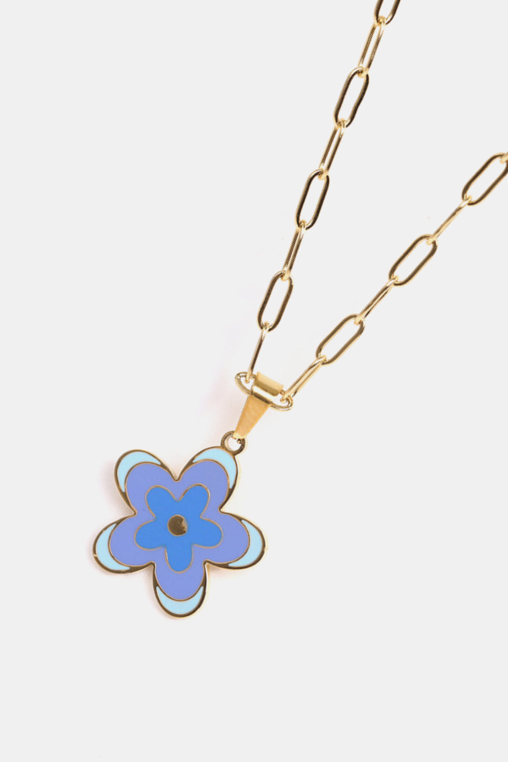 Enamel floral pendant necklace with 18K gold-plated chain in shades of blue.