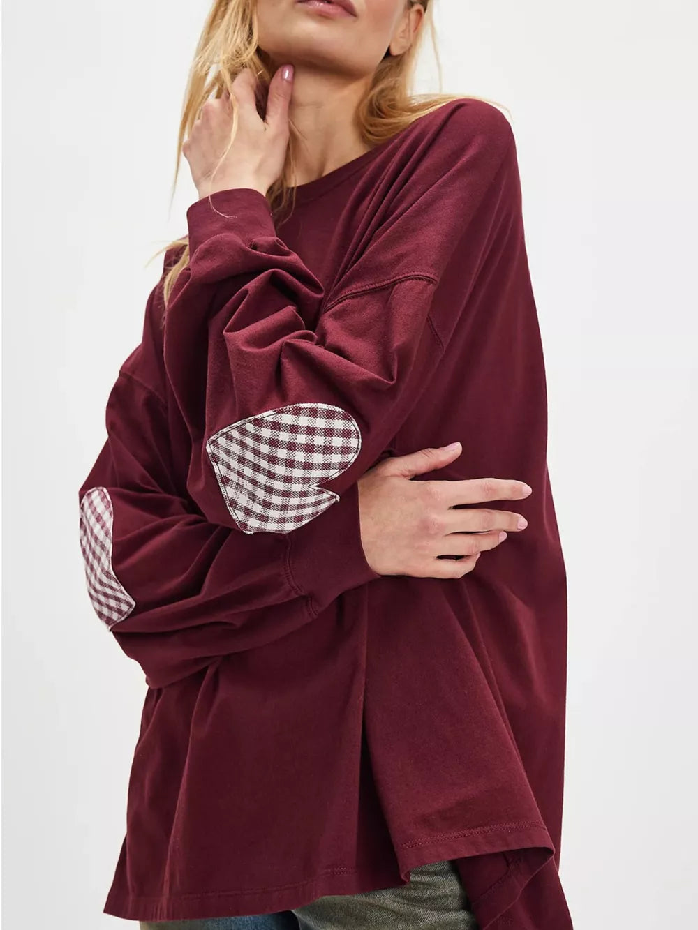Heart Patch Long Sleeve Sweatshirt in Burgundy, side view