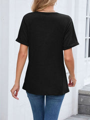 Black V-neck t-shirt with cuffed short sleeves and a relaxed fit.