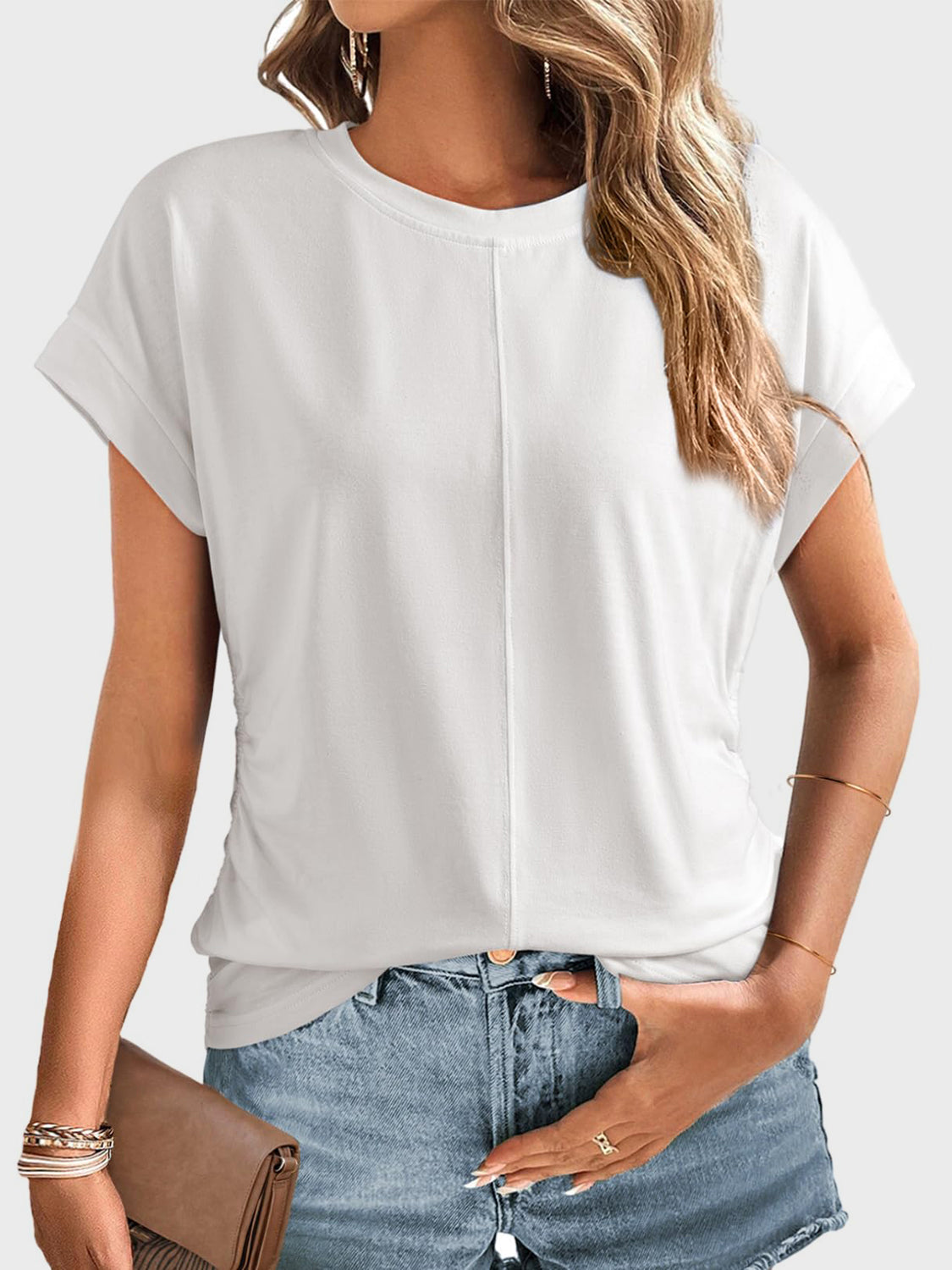 White seamed front ruched sleeve tee with cuffed sleeves and crew neck.