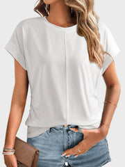 White seamed front ruched sleeve tee with cuffed sleeves and crew neck.