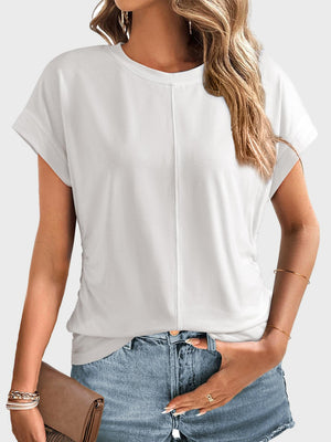 White seamed front ruched sleeve tee with cuffed sleeves and crew neck.