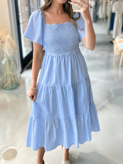 Blue cotton blend midi dress with lace bodice and puffed sleeves