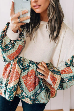 Beige peplum tunic top with patchwork paisley print sleeves and hem