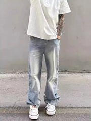 Relaxed fit light wash wide leg jeans with distressed details and a cotton blend.