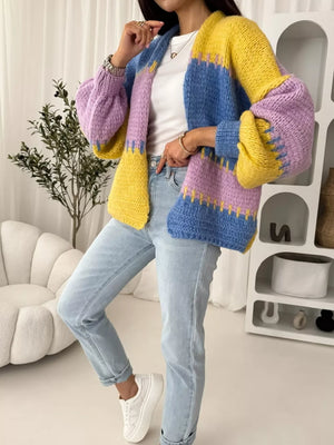 Open front cardigan with balloon sleeves in yellow, blue, and lilac colorblock knit.