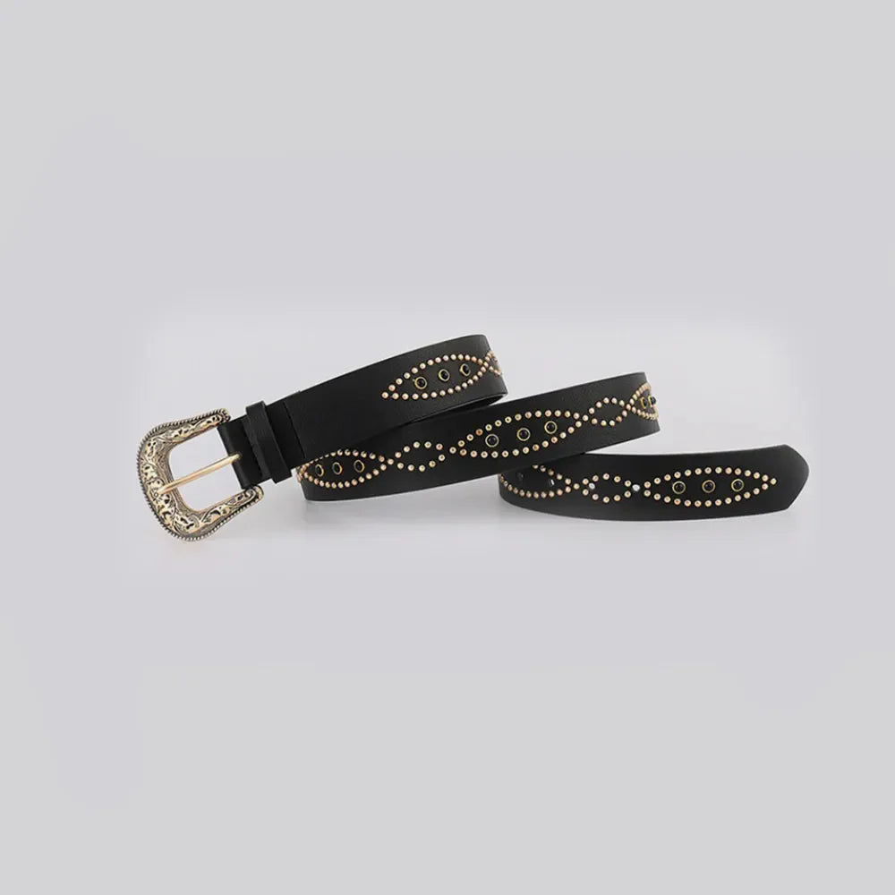 Black faux leather western belt with gold studs and antique buckle