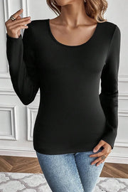 Black long sleeve thermal top with a scoop neckline.