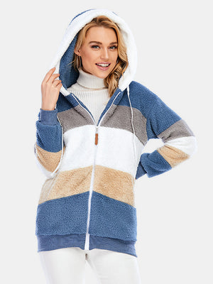 Teddy fleece zip-up hoodie in colorblocked dusty blue, tan, white, and grey with a white sherpa lining.