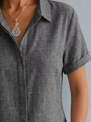 Full Size Collared Short Sleeve Shirt Plus Size in Lotus Color, fabric detail