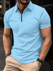 Sky blue zip-neck polo shirt with short sleeves and a modern tailored fit.