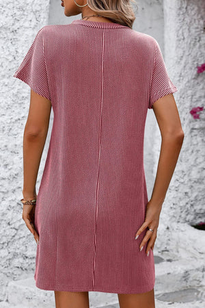 Ribbed tee dress in Deep Rose with vertical stripes, short sleeves, and a casual fit.