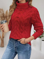 Red cable-knit turtleneck sweater with intricate stitching detail.