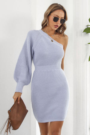 Lavender ribbed knit dress with one balloon sleeve and asymmetrical neckline.
