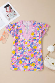 Floral Print Striped Color Block V Neck Blouse, close-up detail