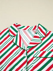 Velvet Ribbon Knot Pajama Set top with red, green, and white stripes and piped collar.