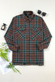 Plaid chic snap jacket in caramel with button front and chest pockets.