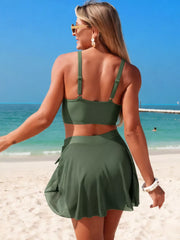 Army green V-neck bikini with high-waist skirted bottom.
