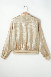Metallic bomber jacket in tan with ribbed trim and collar detail.