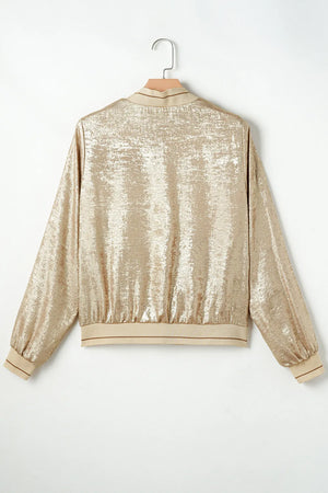 Metallic bomber jacket in tan with ribbed trim and collar detail.