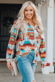 Southwestern print button-down blouse in Multicolor with a tie-front detail.