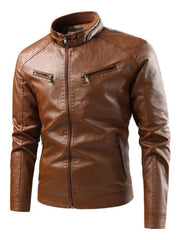 Men's plus-size brown faux leather moto jacket with zip-up front and zippered pockets.