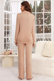 Apricot relaxed fit button-down pajama set with long sleeves and straight leg pants.