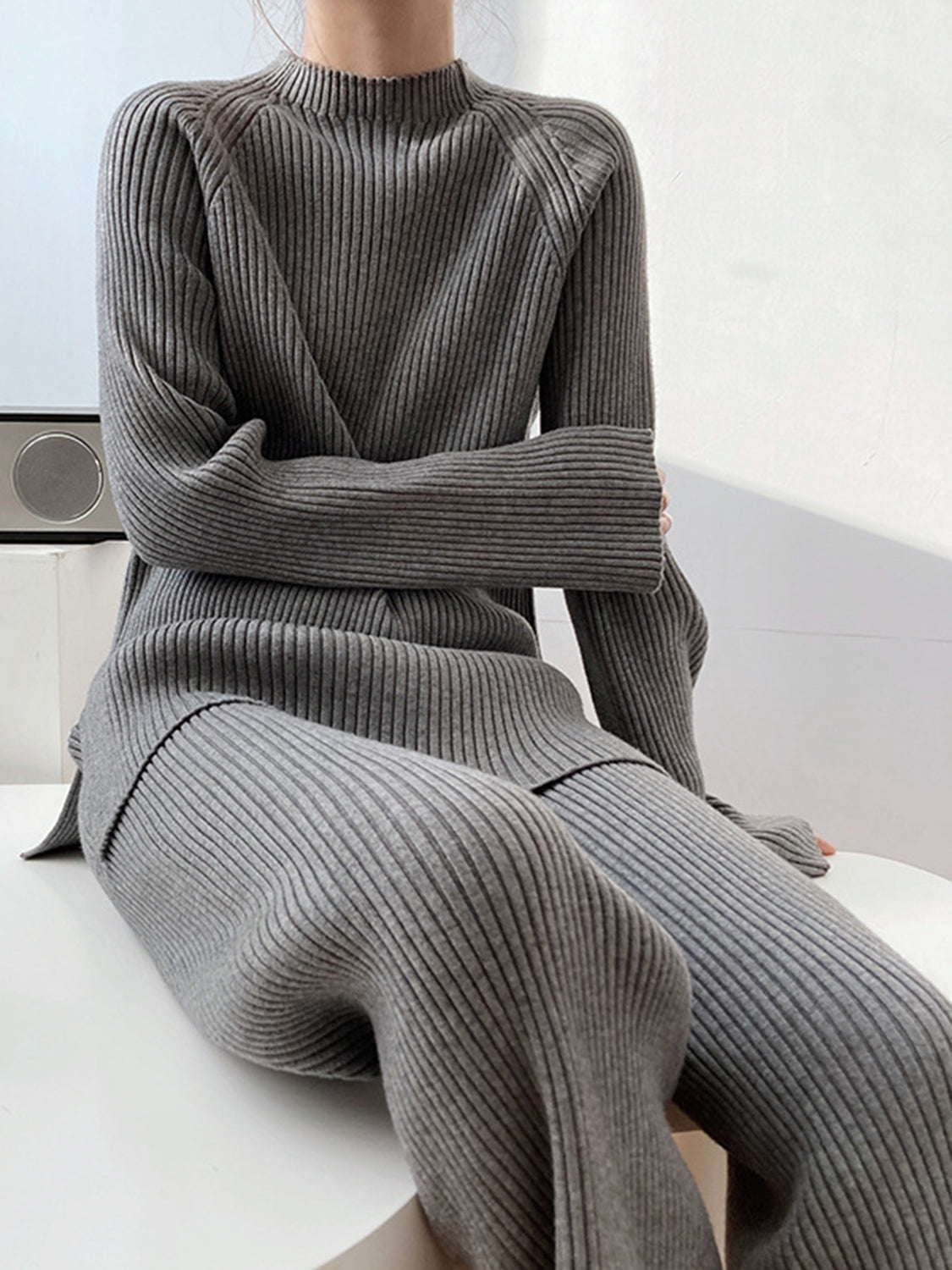 Dark Gray ribbed knit co-ord set with mock neck and asymmetric detail