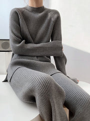Dark Gray ribbed knit co-ord set with mock neck and asymmetric detail