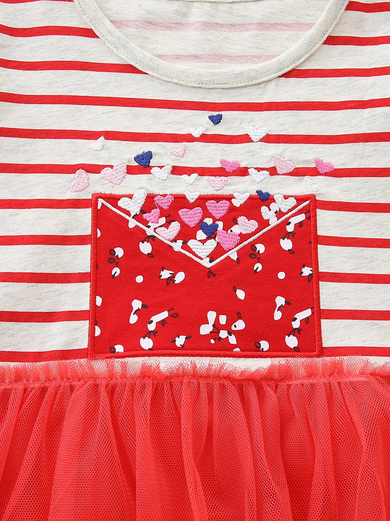 Toddler red and white striped cotton dress with embroidered hearts and a red envelope pocket detail.