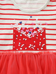 Toddler red and white striped cotton dress with embroidered hearts and a red envelope pocket detail.