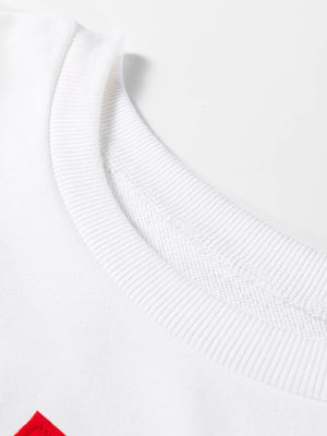 White crew neck sweatshirt detail with ribbed trim and visible stitching.
