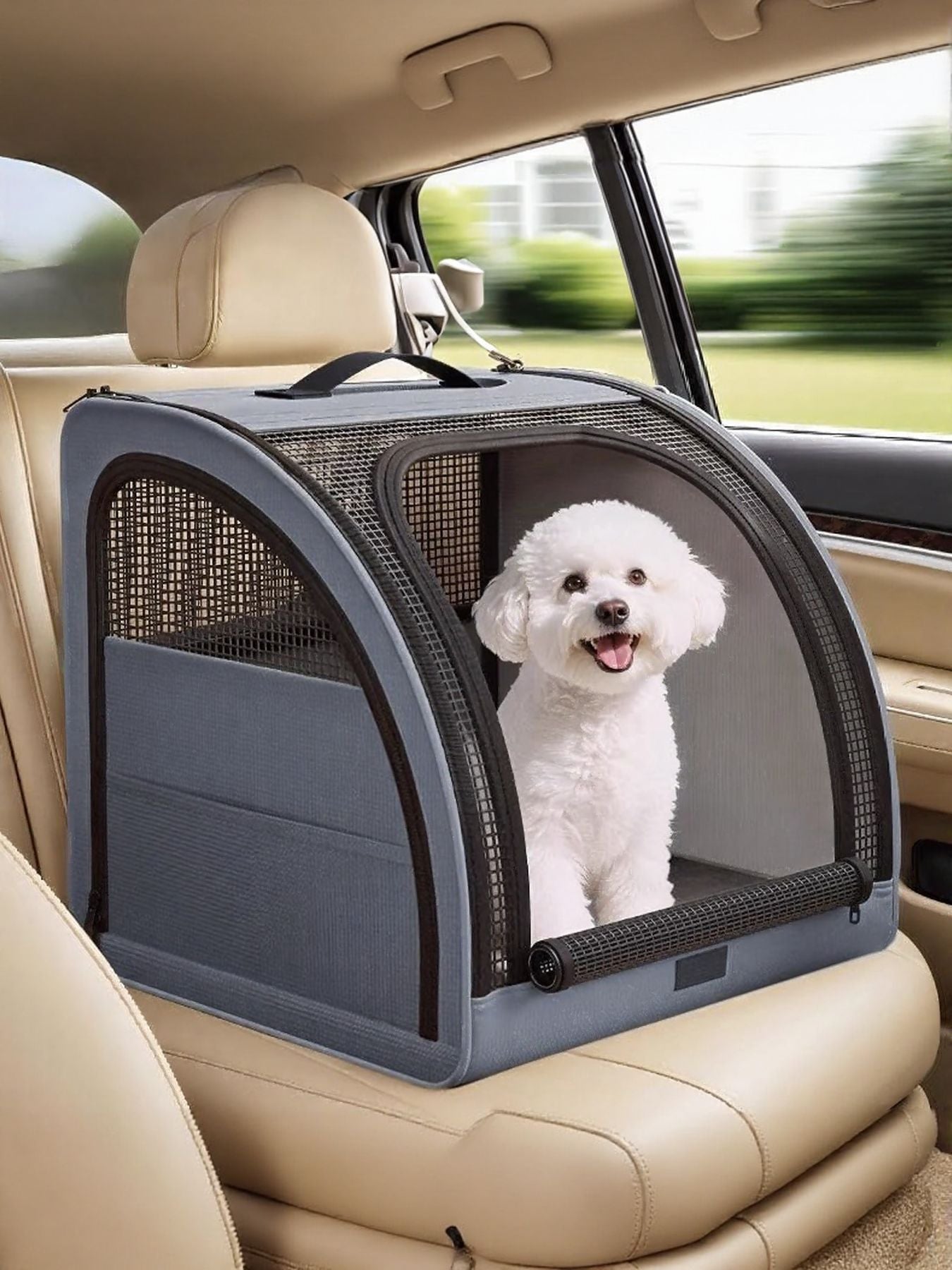 Gray breathable pet carrier with mesh windows and a happy white dog inside, secured on a car seat.