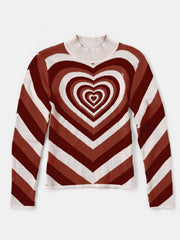 Brown and white striped mock neck sweater with a concentric heart pattern.