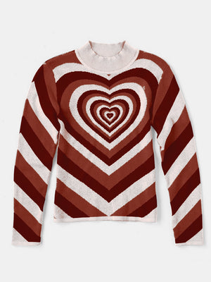 Brown and white striped mock neck sweater with a concentric heart pattern.