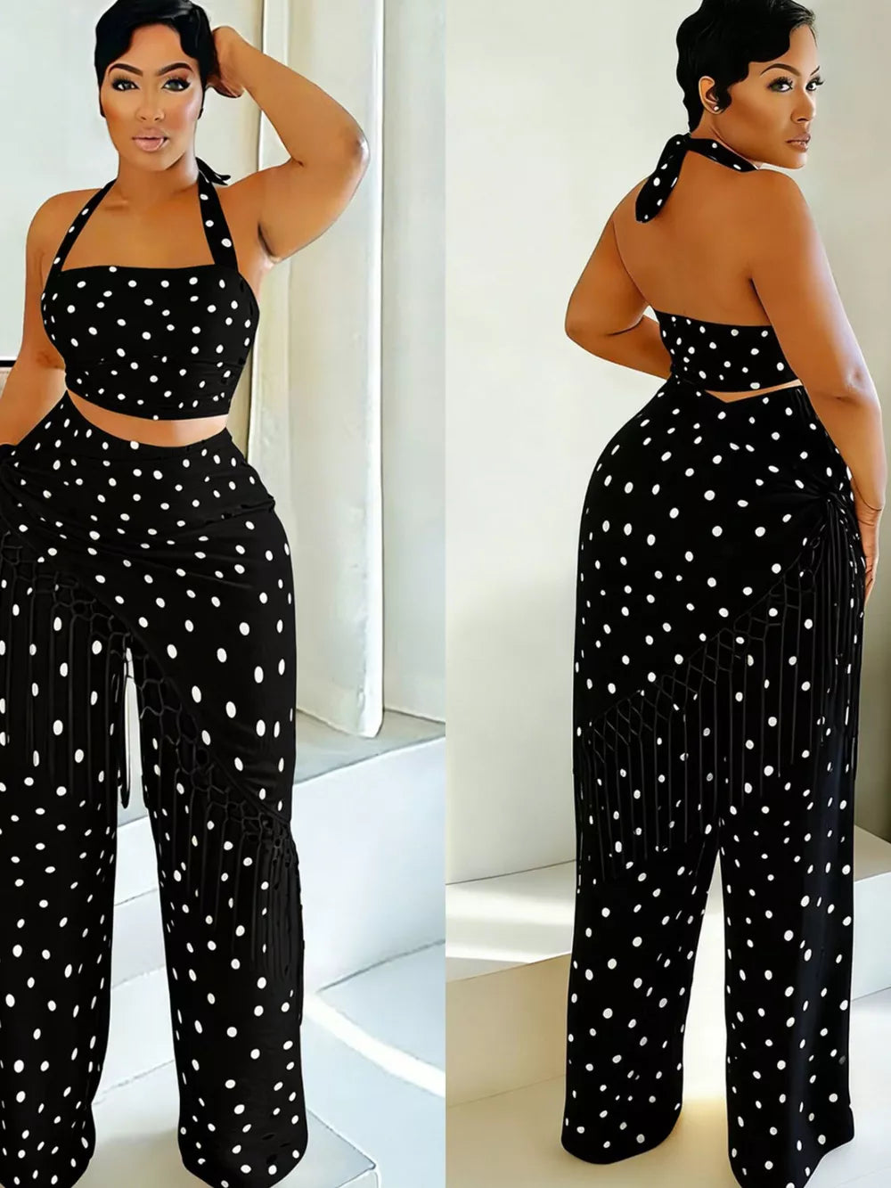 Black polka dot cami and fringe wide-leg pant set with halter neckline.
