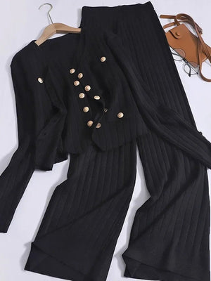Black ribbed knit outfit set with gold button cardigan and wide leg pants.