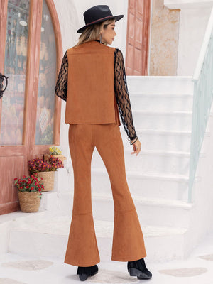 Caramel suede fringe vest and flare trouser set with black lace top.
