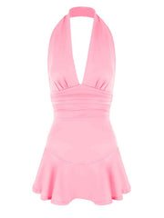 Pink halter dress with plunging V-neck, ruched waist, and ruffle hem