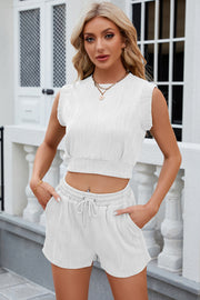 White ribbed crop set with sleeveless top and drawstring shorts